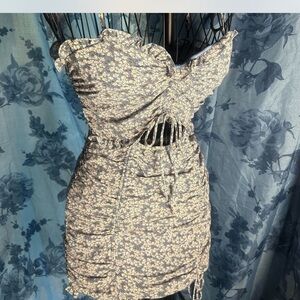 Blue Floral Ruffled Mini Dress With Front Cut Out